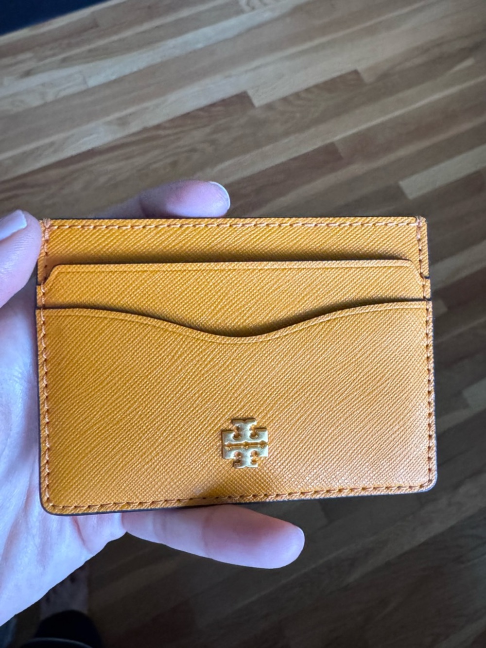 Tory Burch Yellow-Orange Leather Card Holder with Gold Logo